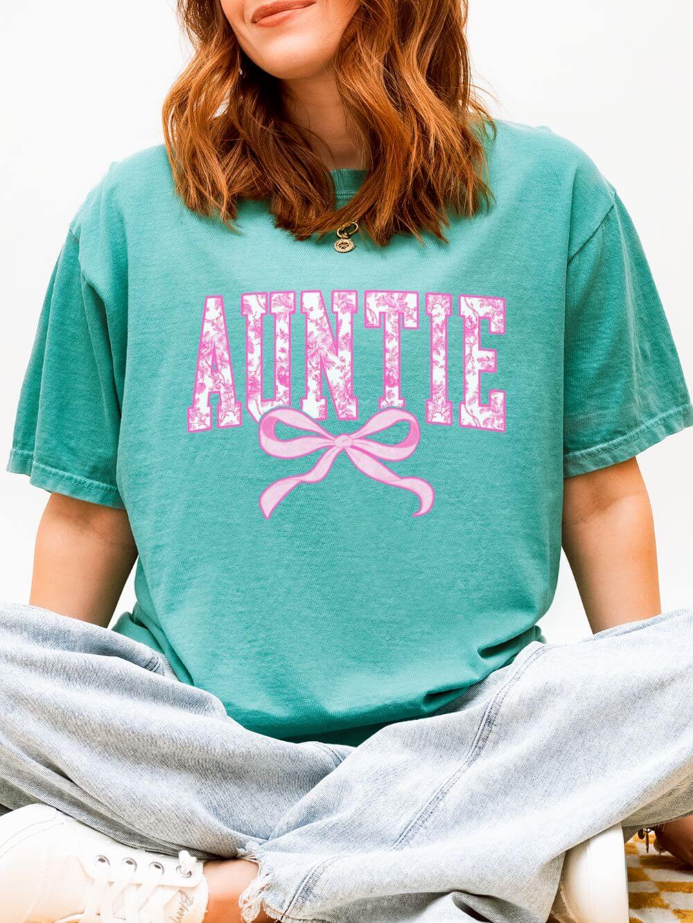 Auntie Coquette Pink Toile Bow T-Shirt Cute Aunt Graphic Tee