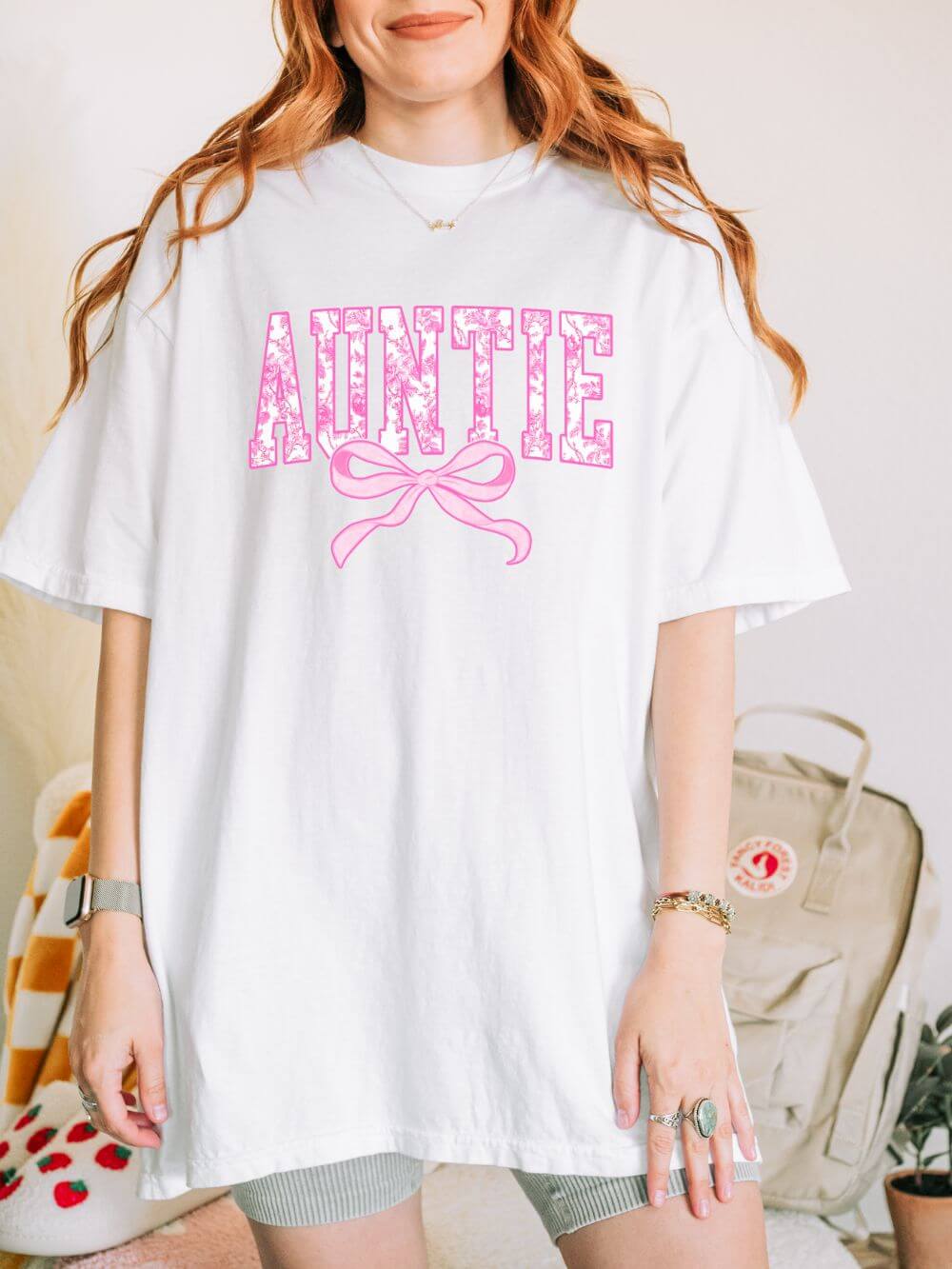 Auntie Coquette Pink Toile Bow T-Shirt Cute Aunt Graphic Tee