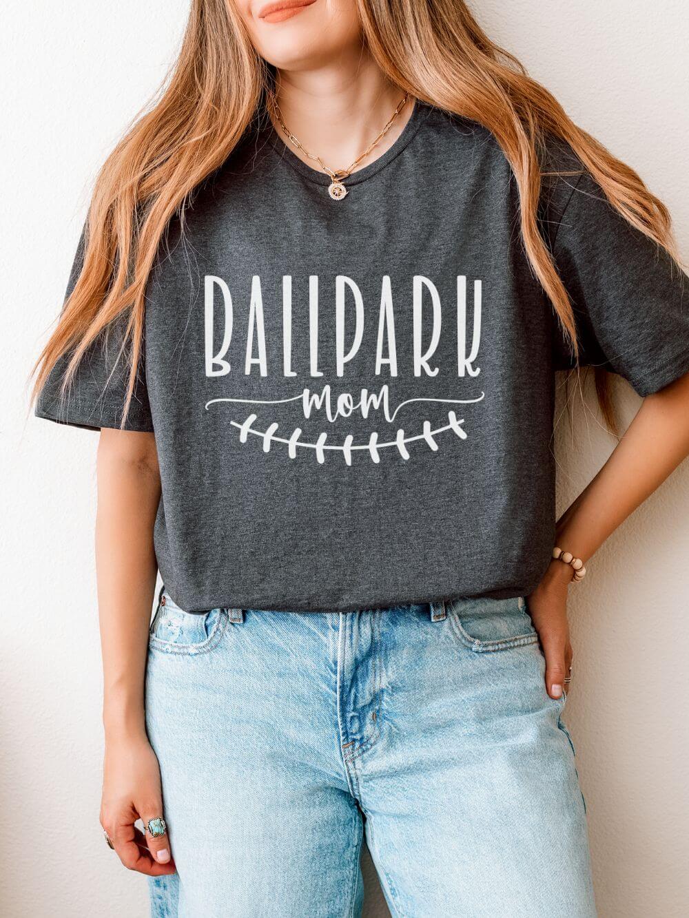 Ballpark Mom Baseball or Softball Graphic T-Shirt Cute Sports Mom Tee (12 Team Colors)