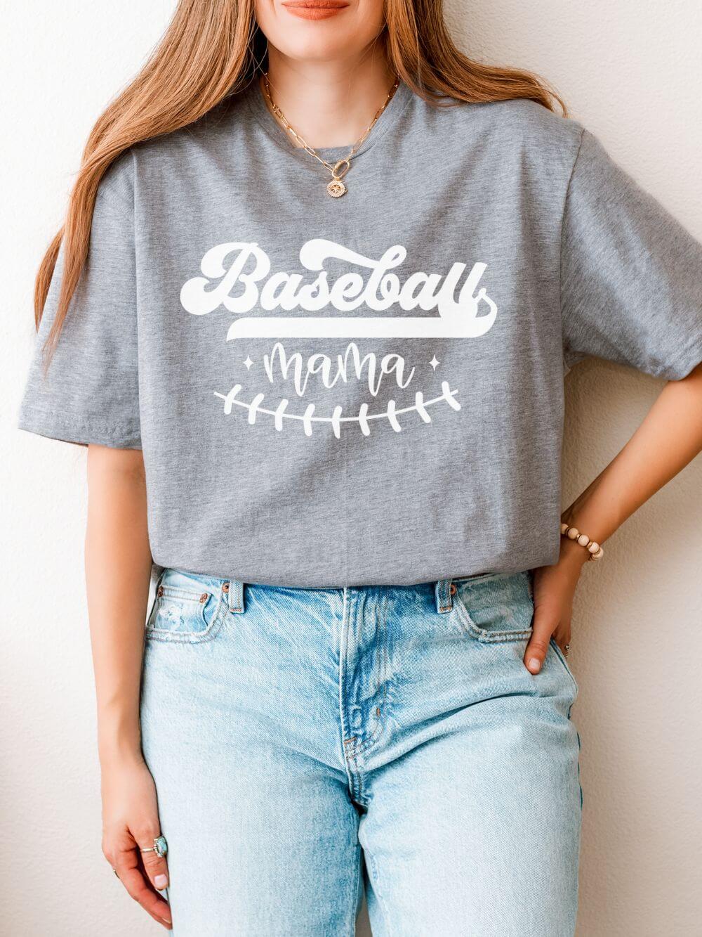 Baseball Mama Stitch Graphic T-Shirt Cute Sports Mom Tee (12 Team Colors)