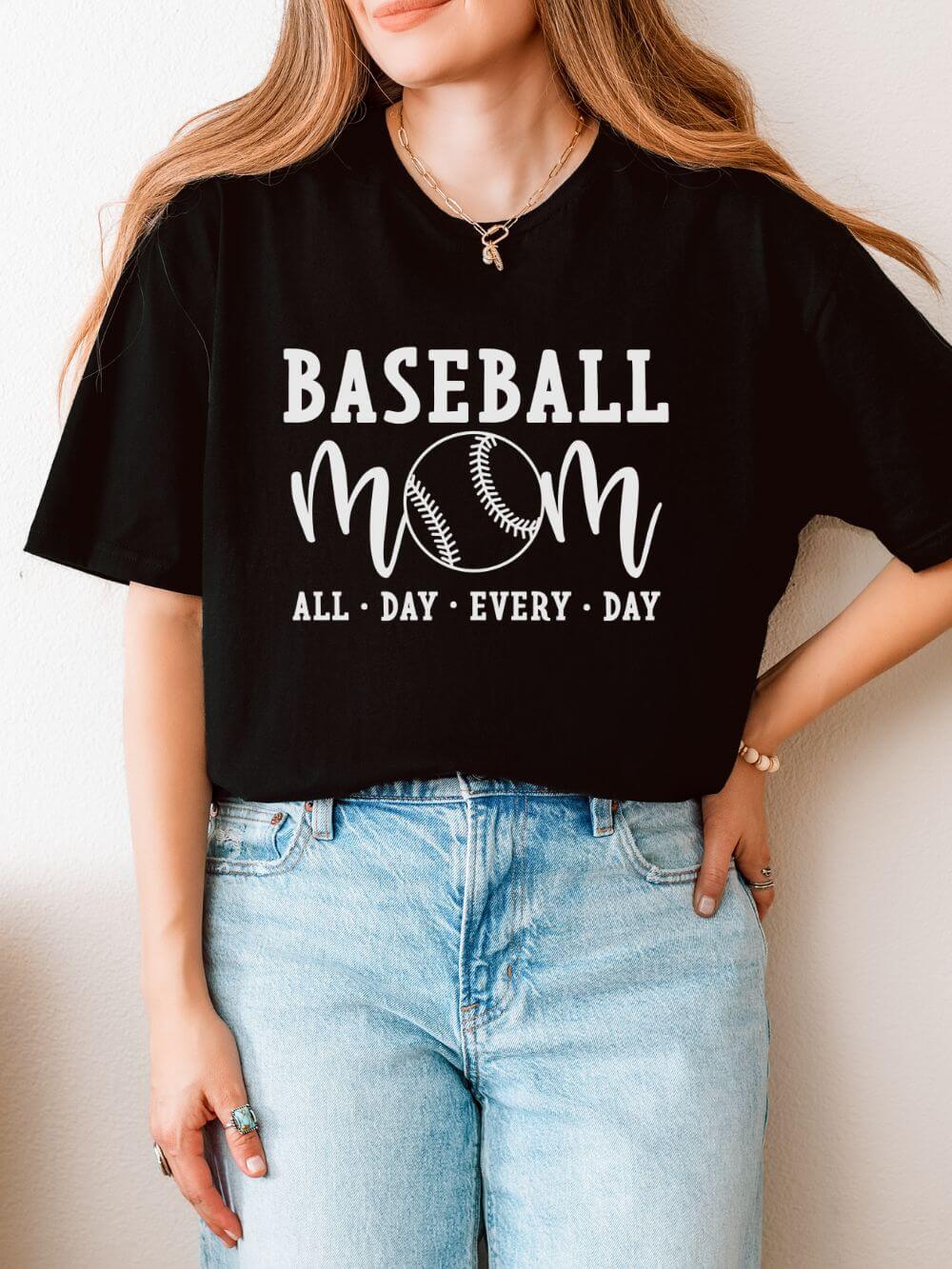 Baseball Mom All Day Graphic T-Shirt Cute Sports Mom Tee (12 Team Colors)