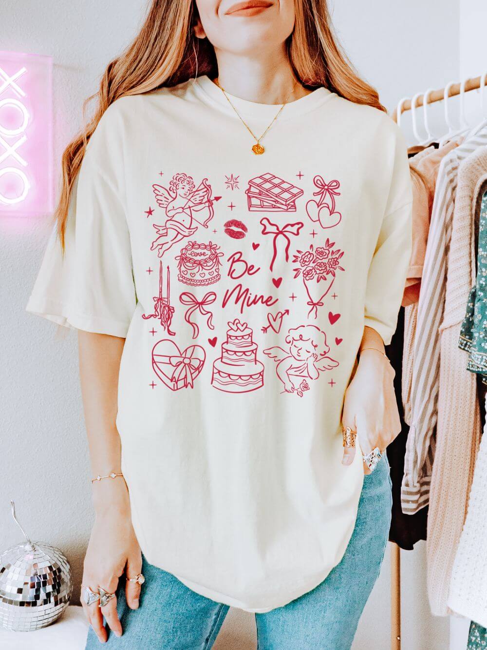 Be Mine Valentine's Day Doodles Cute Graphic Unisex Short Sleeve Tee