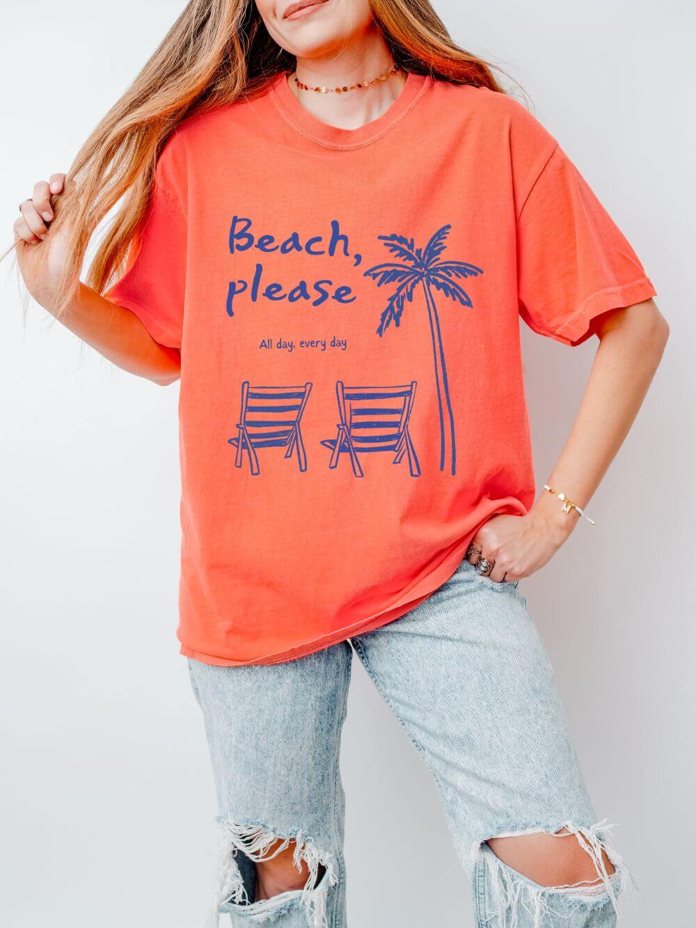 Beach Please T-Shirt Palm Tree & Chairs Women's Summer Graphic Tee