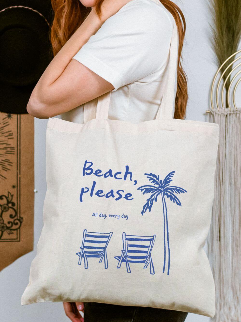 Beach Please Cotton Canvas Tote Bag Palm Tree & Chairs Summer Beach Bag