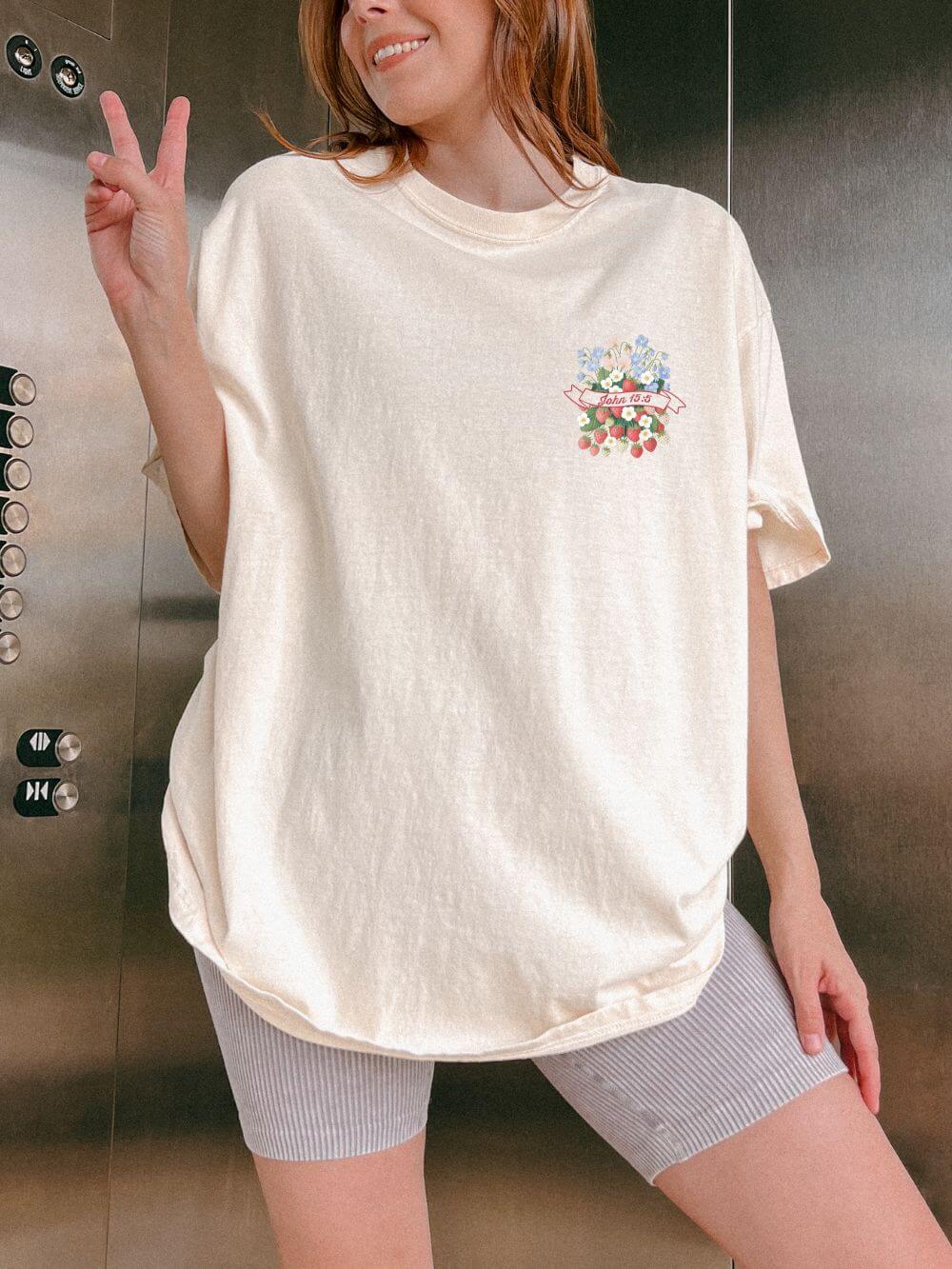 Bear Good Fruit John 15:5 Strawberry T-Shirt Christian Floral Bouquet Tee