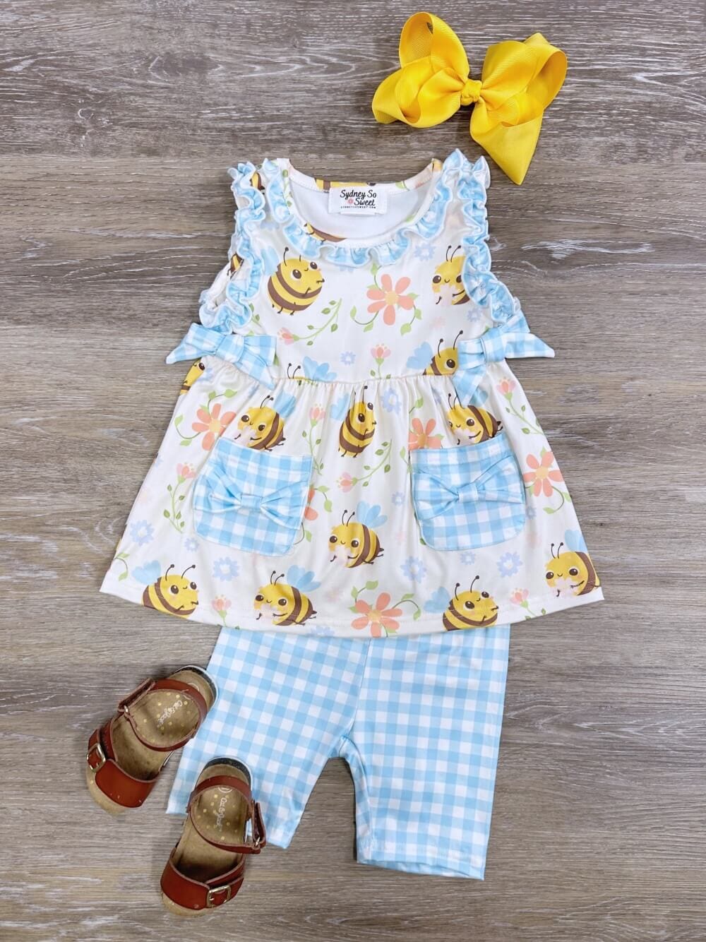 Bee Happy Blue Gingham Plaid Girls Shorts Outfit - Sydney So Sweet