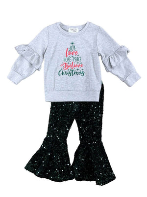 Believe in Christmas Dark Green Sequin Bell Bottom Outfit - Sydney So Sweet