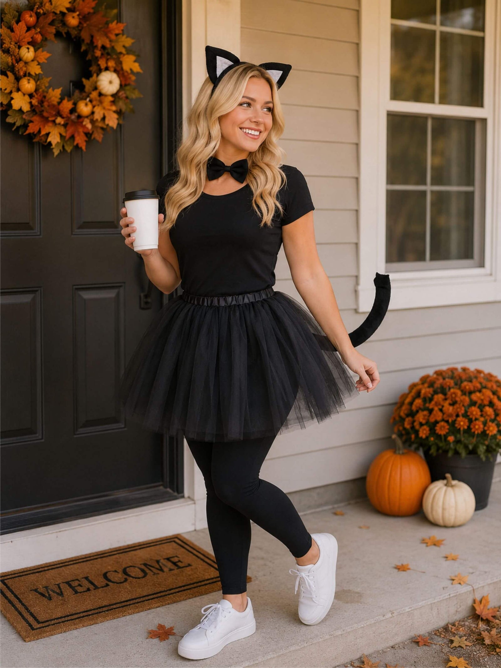 Women's Black Cat Costume Set for Adults & Plus Size – Cat Headband Ears, Black Tutu Skirt & Tail – Halloween & Cosplay Outfit
