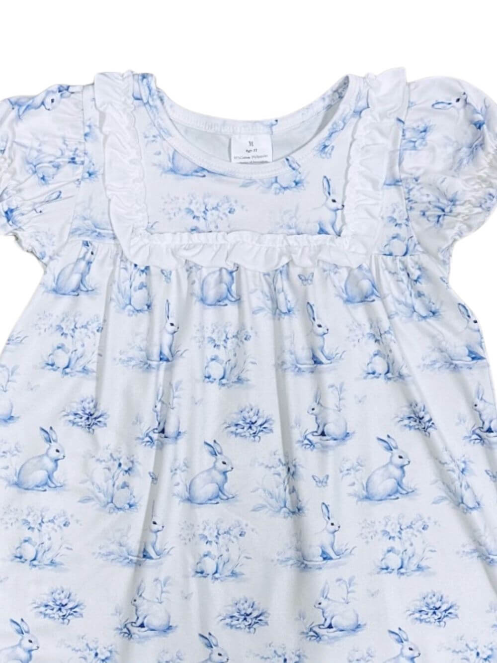Blue Bunny Meadow Toile Girls Ruffle Sleeve Dress