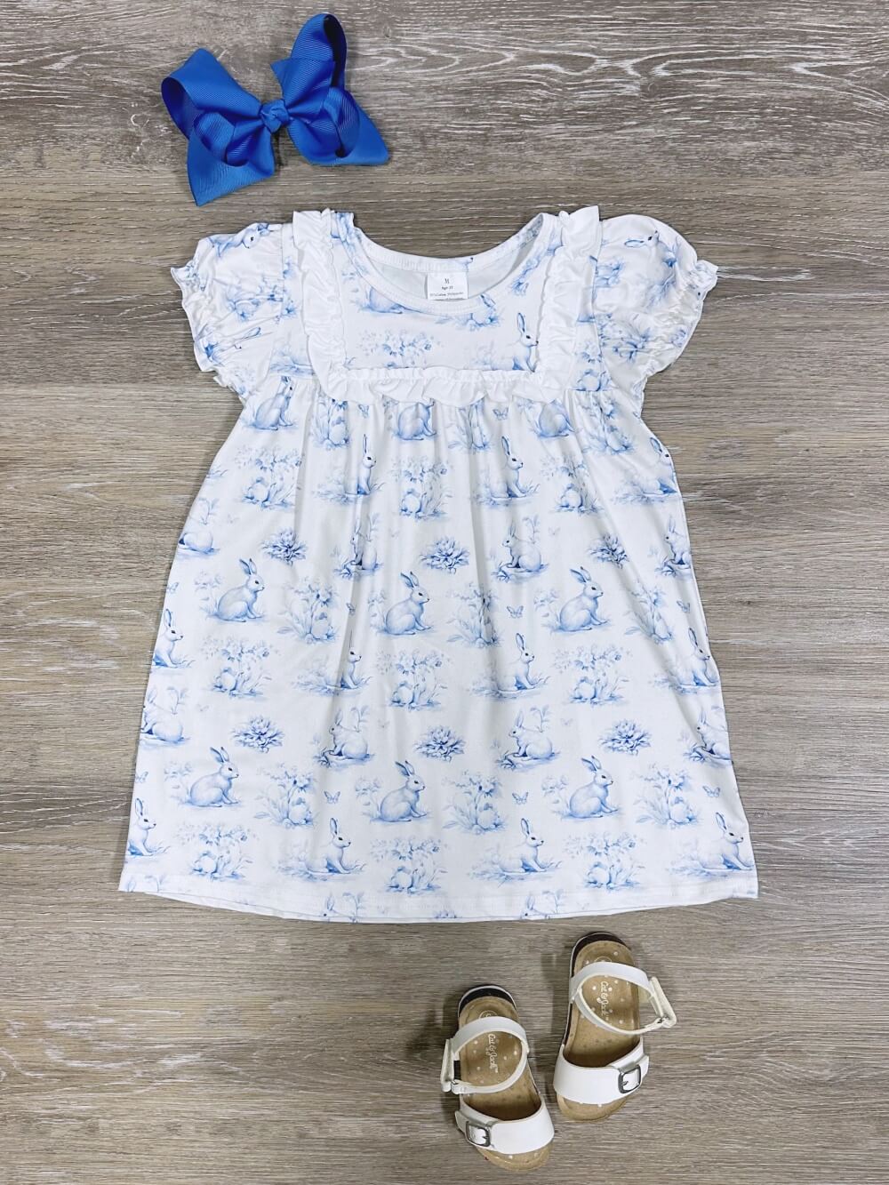 Blue Bunny Meadow Toile Girls Ruffle Sleeve Dress