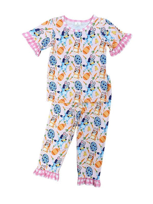 Blue Dog Pink Plaid Girls 2 Piece Pajama Set - Sydney So Sweet