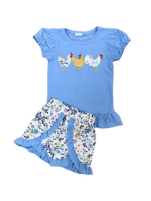 Blue Floral Chick Chick Chicken Girls Shorts Outfit - Sydney So Sweet