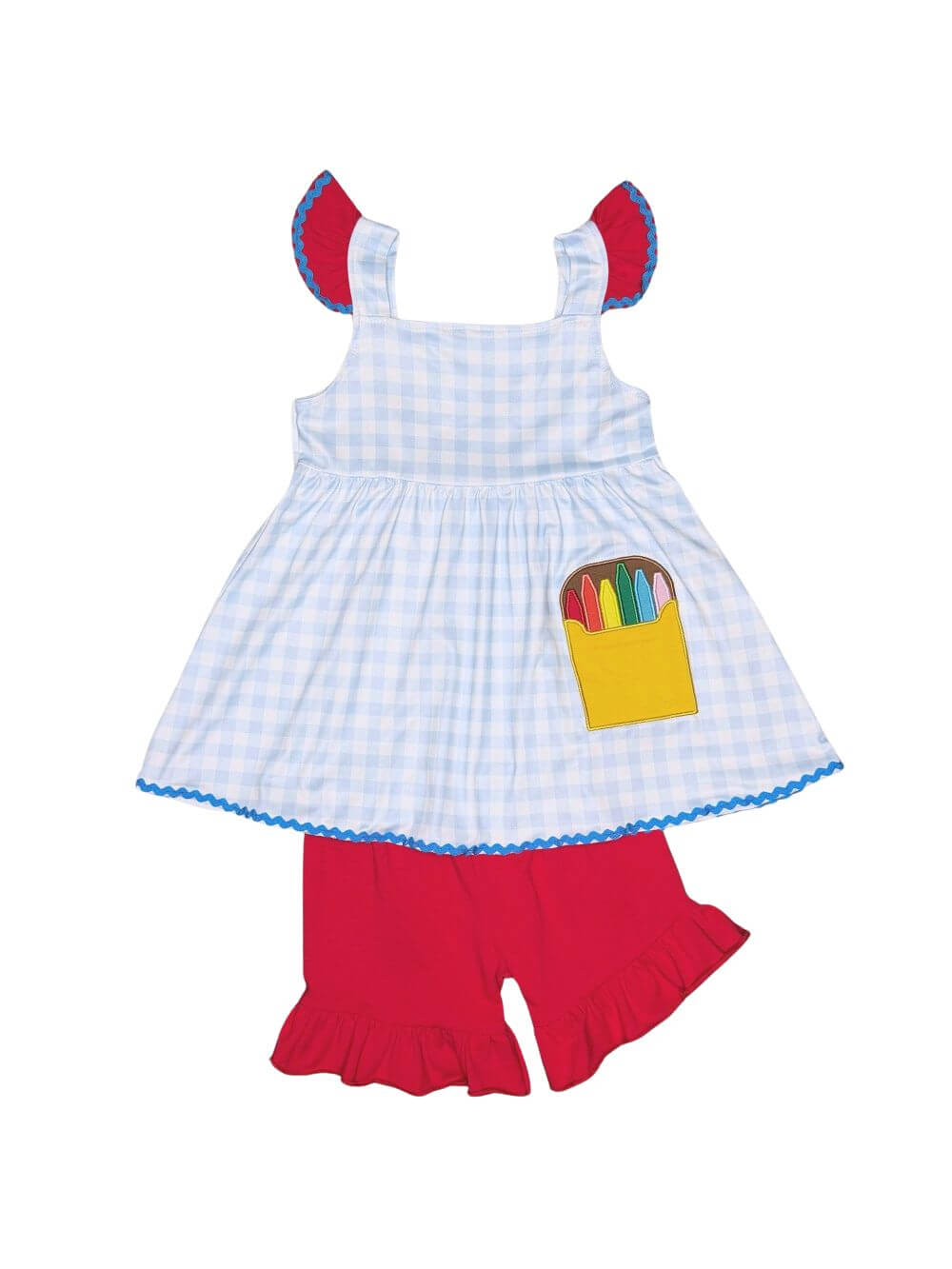 Blue Gingham Crayons Girls Shorts Outfit