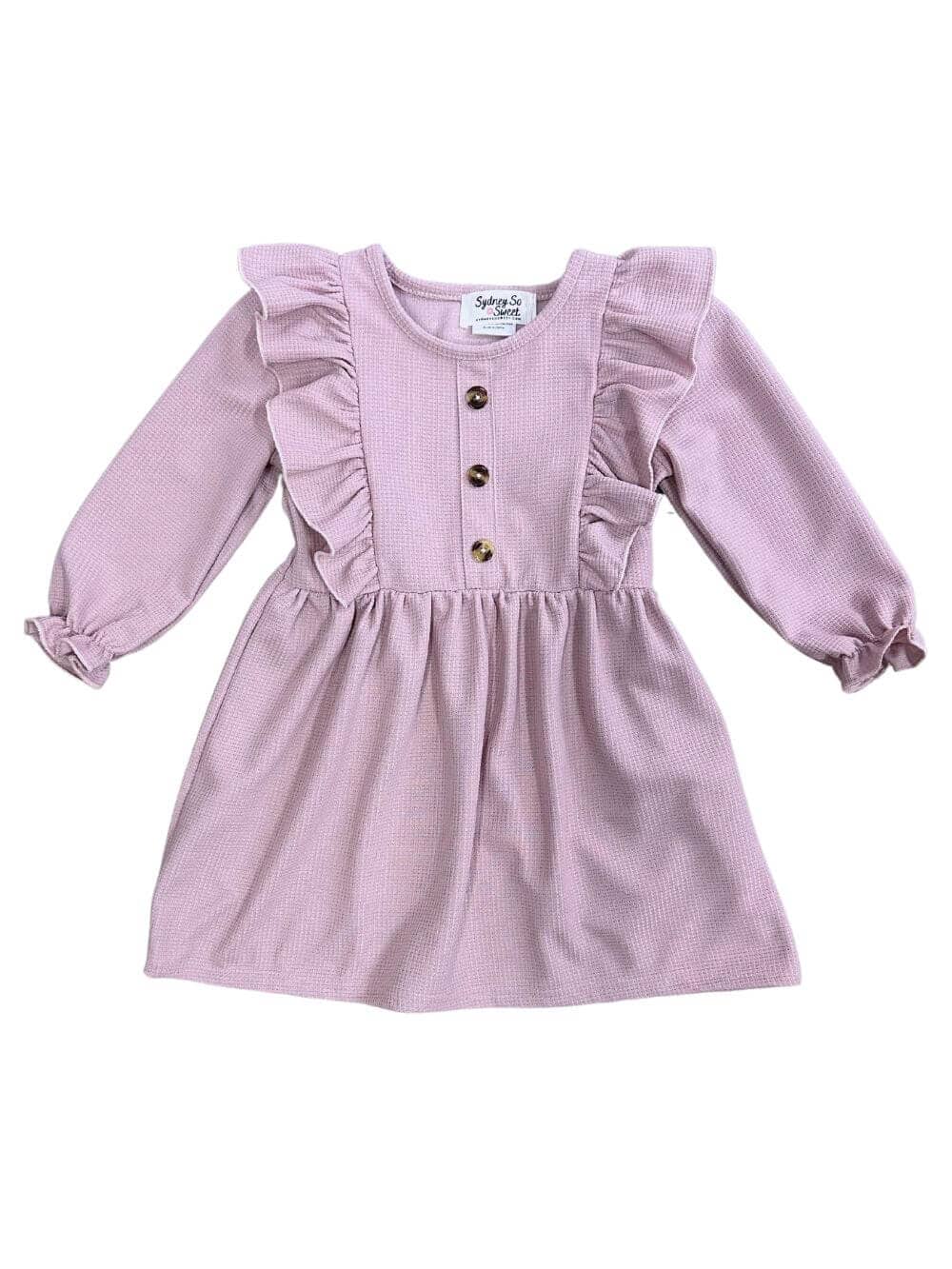 Blush Pink Waffle Knit Girls Ruffle Trim Long Sleeve Dress - Sydney So Sweet