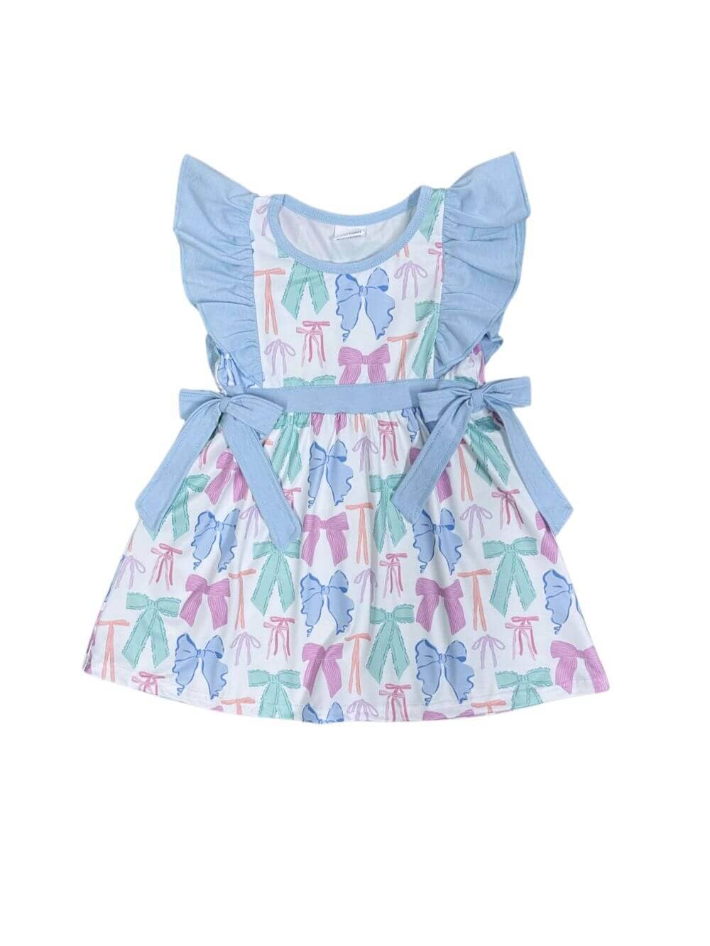 Bowtastic Coquette Bows Light Blue Ruffle Trim Girls Dress - Sydney So Sweet