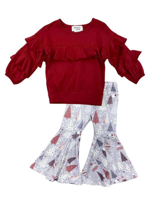 Burgundy & Gray Trees Girls Ruffle Top Bell Bottom Outfit - Sydney So Sweet