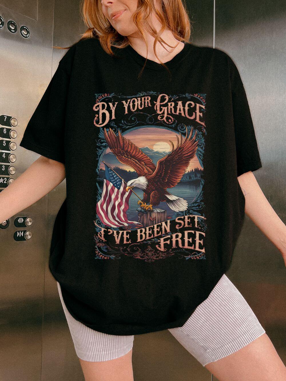 By Your Grace I've Been Set Free' T-Shirt Eagle & Flag Christian Graphic Tee