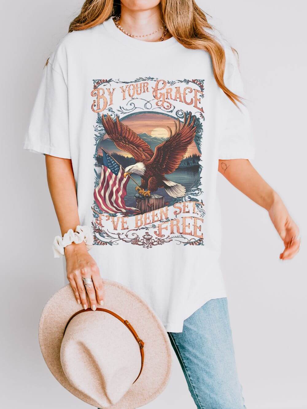 By Your Grace I've Been Set Free' T-Shirt Eagle & Flag Christian Graphic Tee