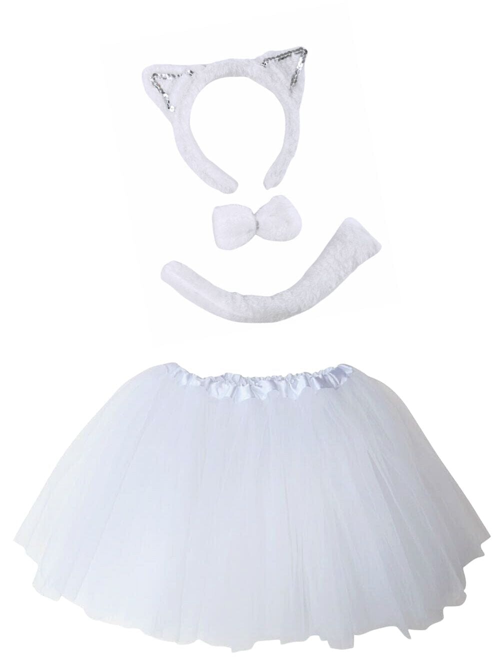 Girls white cat tutu costume set with ears, bow tie and tail