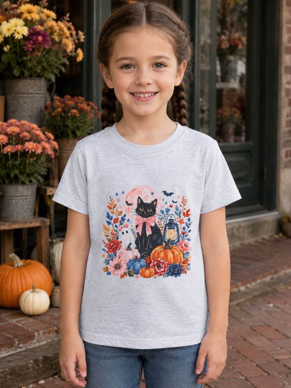 Girly Black Cat Halloween T-Shirt Cute Pumpkin & Lantern Fall Kids Graphic Tee