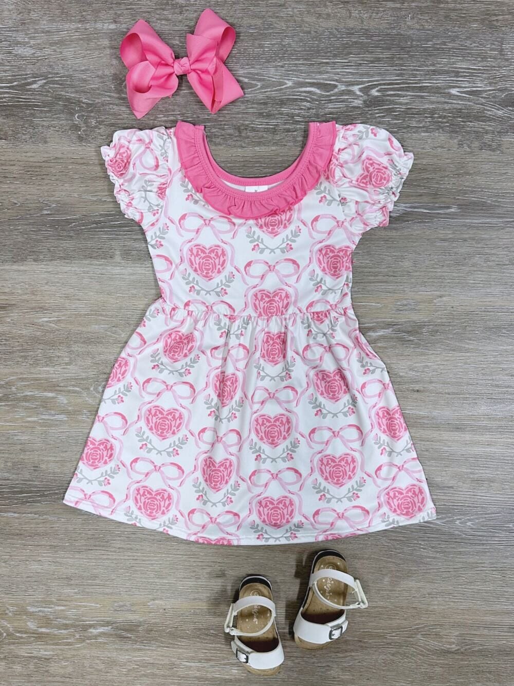 Charming Hearts & Bows Girls Short Sleeve Ruffle Dress - Sydney So Sweet