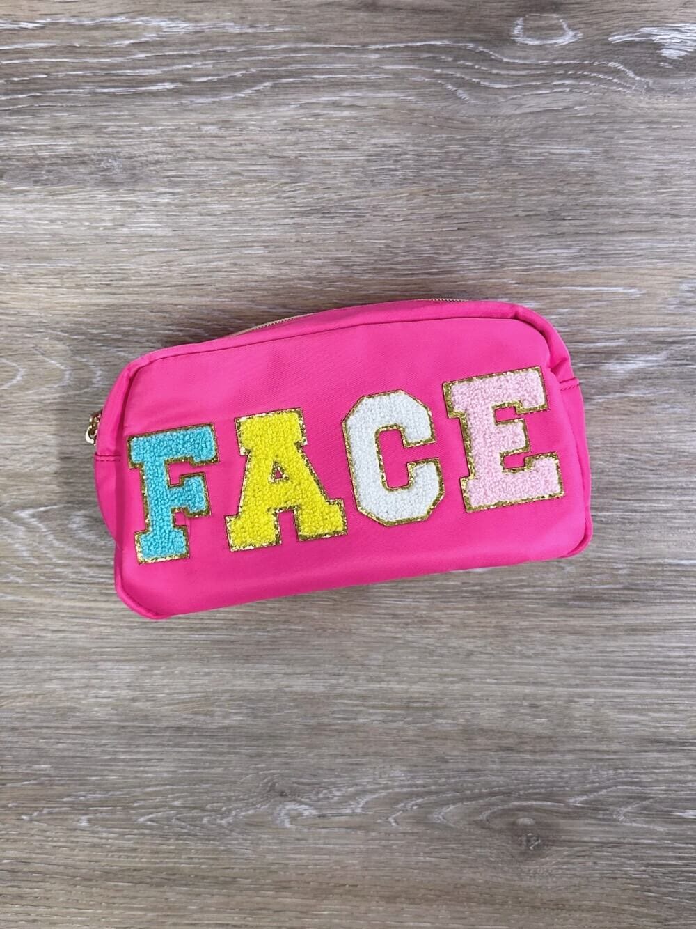 Chenille Letter FACE Zip Up Pink Cosmetic Bag - Sydney So Sweet