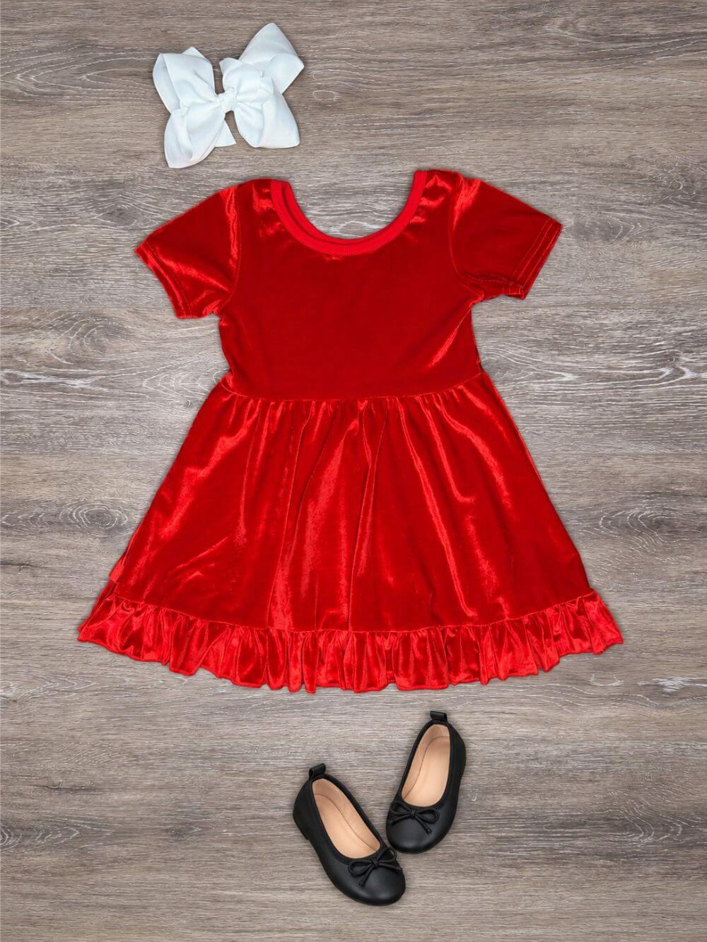 Classic Red Velvet Girls Holiday Ruffle Dress