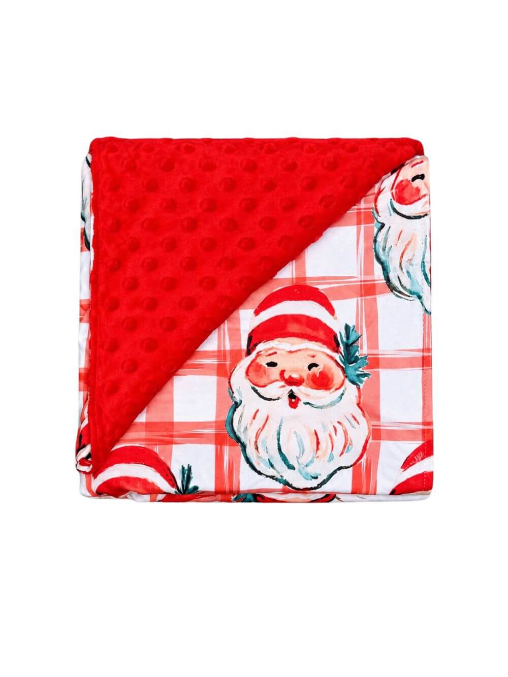 Santa Christmas plaid baby blanket with red minky dot backing folded on white background to show the reverse