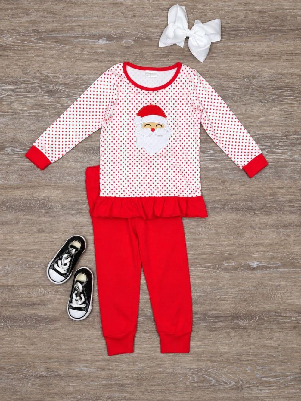 Classic Santa Polka Dot Girls Christmas Jogger Pants Outfit