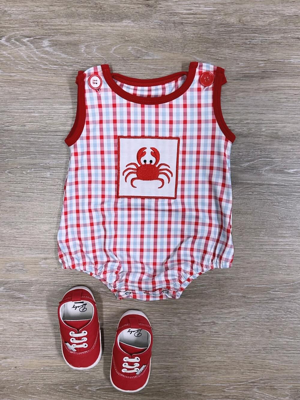 Coastal Crab Baby Boys Red & Blue Plaid Romper - Sydney So Sweet