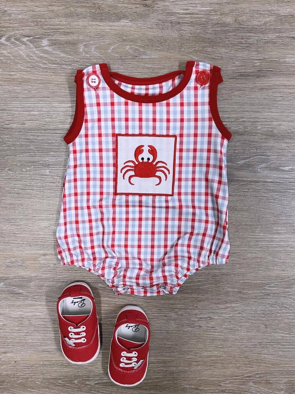 Coastal Crab Baby Boys Red & Blue Plaid Romper - Sydney So Sweet