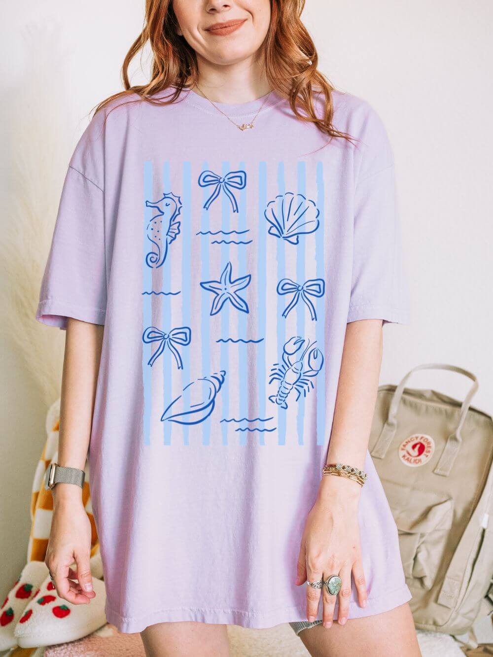 Coastal Stripes Graphic Tee Women's Nautical Seashell & Starfish T-Shirt