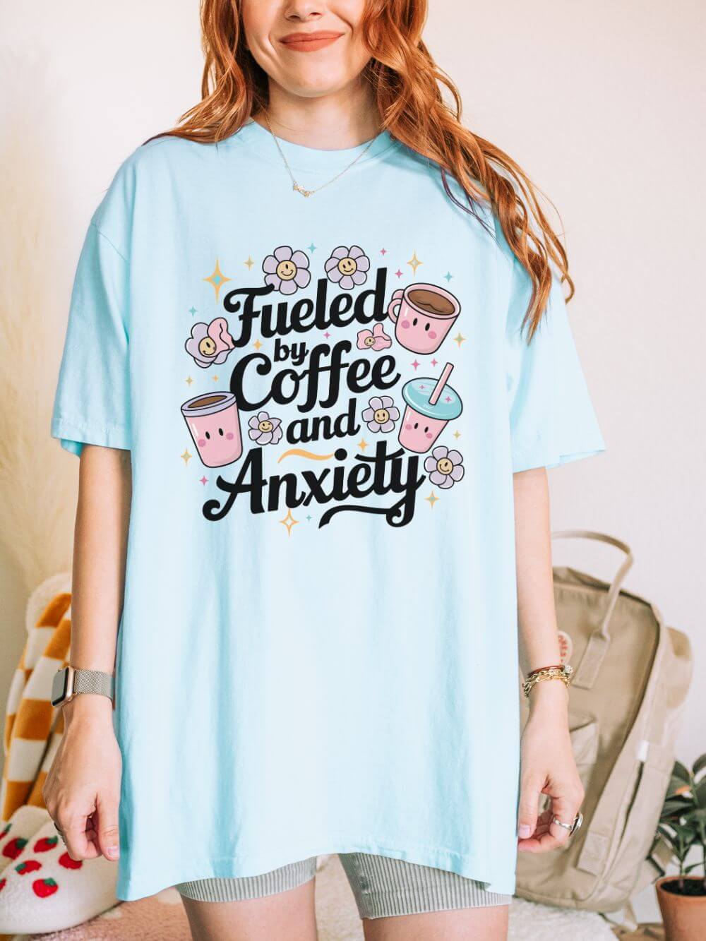 Fueled by Coffee and Anxiety T-Shirt Cute Coffee Lover Graphic Tee