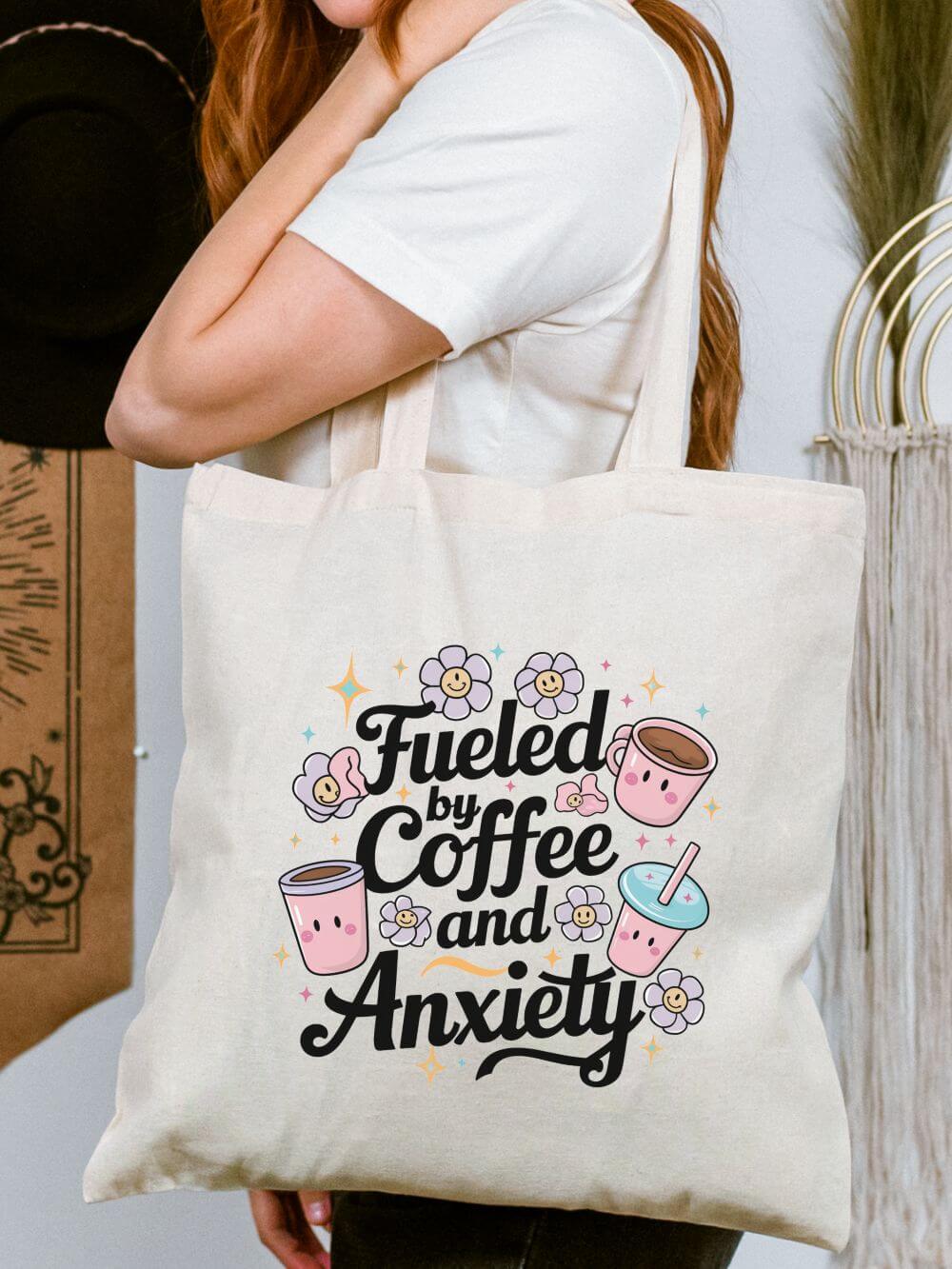 Fueled by Coffee and Anxiety Kawaii Cotton Canvas Shopper Tote Bag