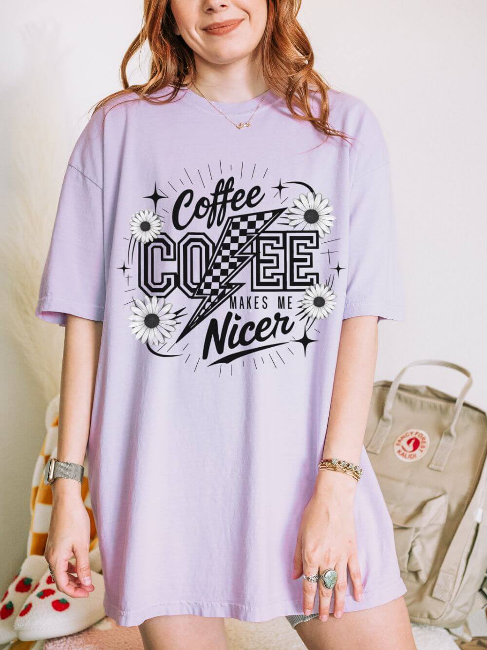 Coffee Makes Me Nicer T-Shirt Retro Daisies & Lightning Graphic Tee