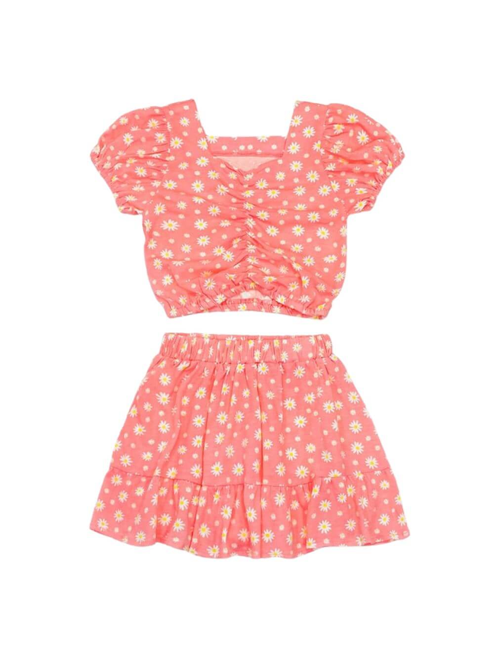 Coral Floral Puff Sleeve Girls Skirt Set - Sydney So Sweet