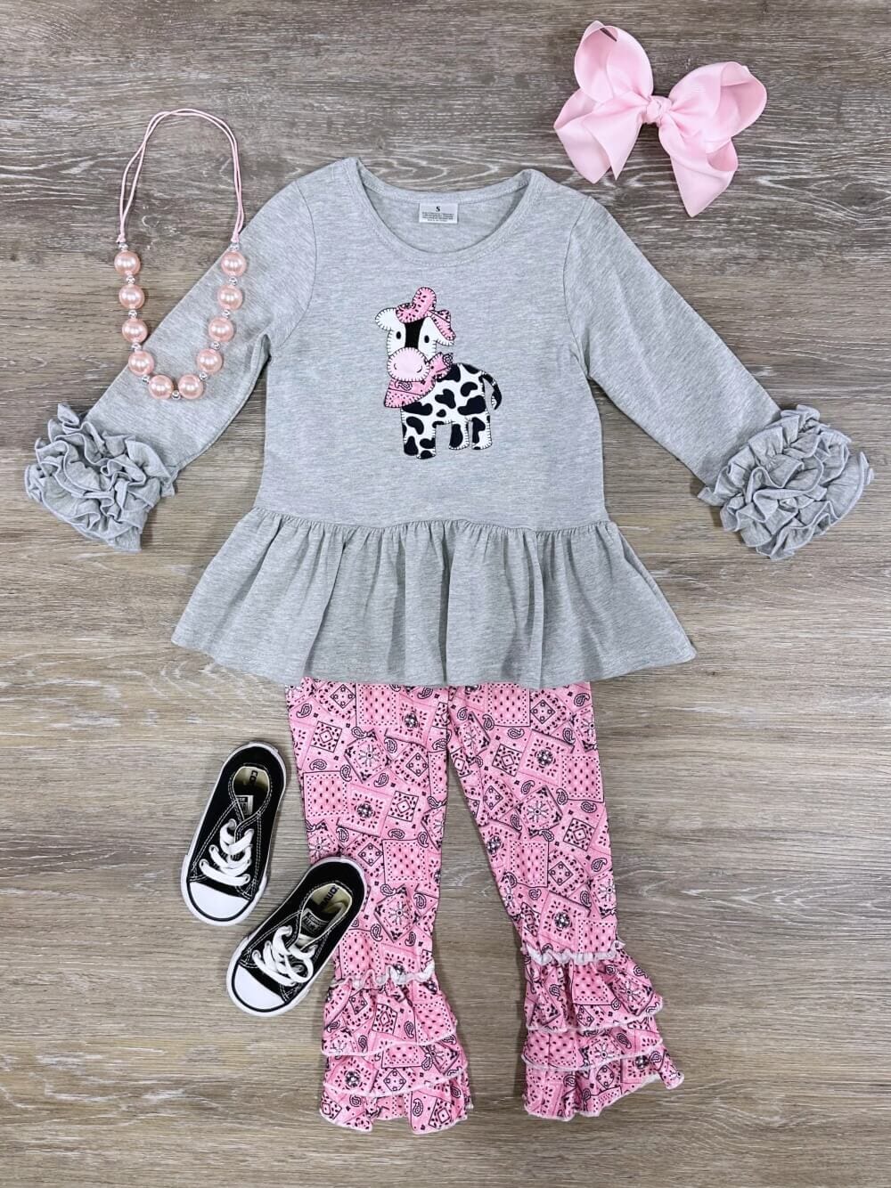 Country Cow Pink Bandana Girls Ruffle Leggings Outfit - Sydney So Sweet