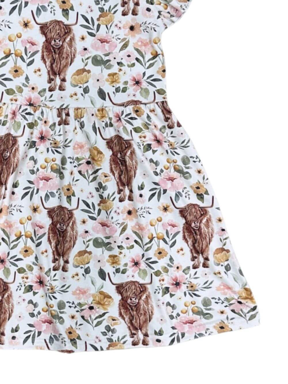 Country Cutie Girls Floral Highland Cow Twirl Dress - Sydney So Sweet