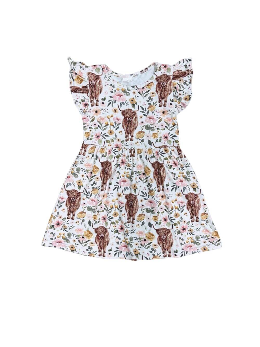Country Cutie Girls Floral Highland Cow Twirl Dress - Sydney So Sweet