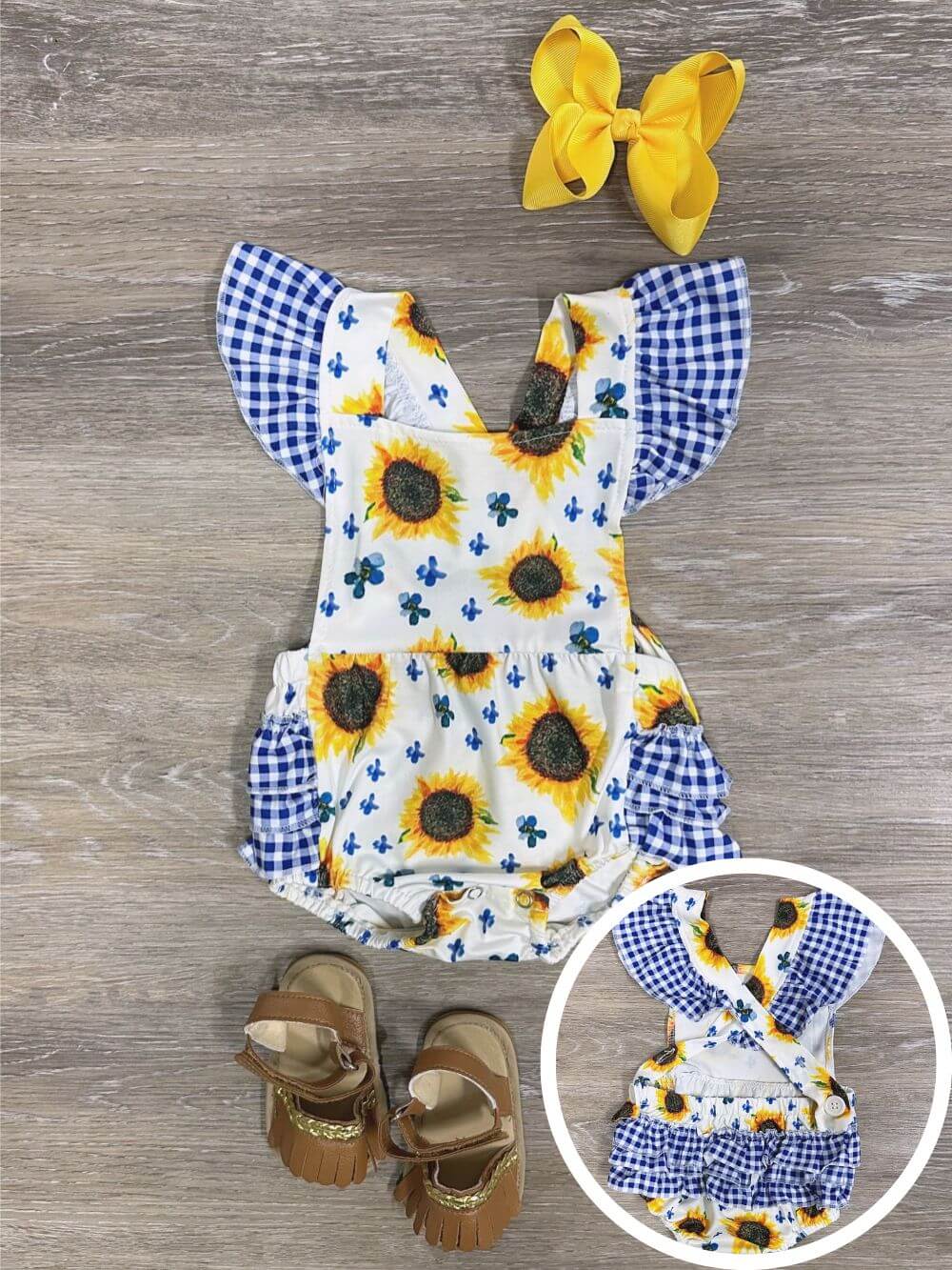 Country Sunflower Girls Blue Gingham Plaid Ruffle Baby Romper - Sydney So Sweet
