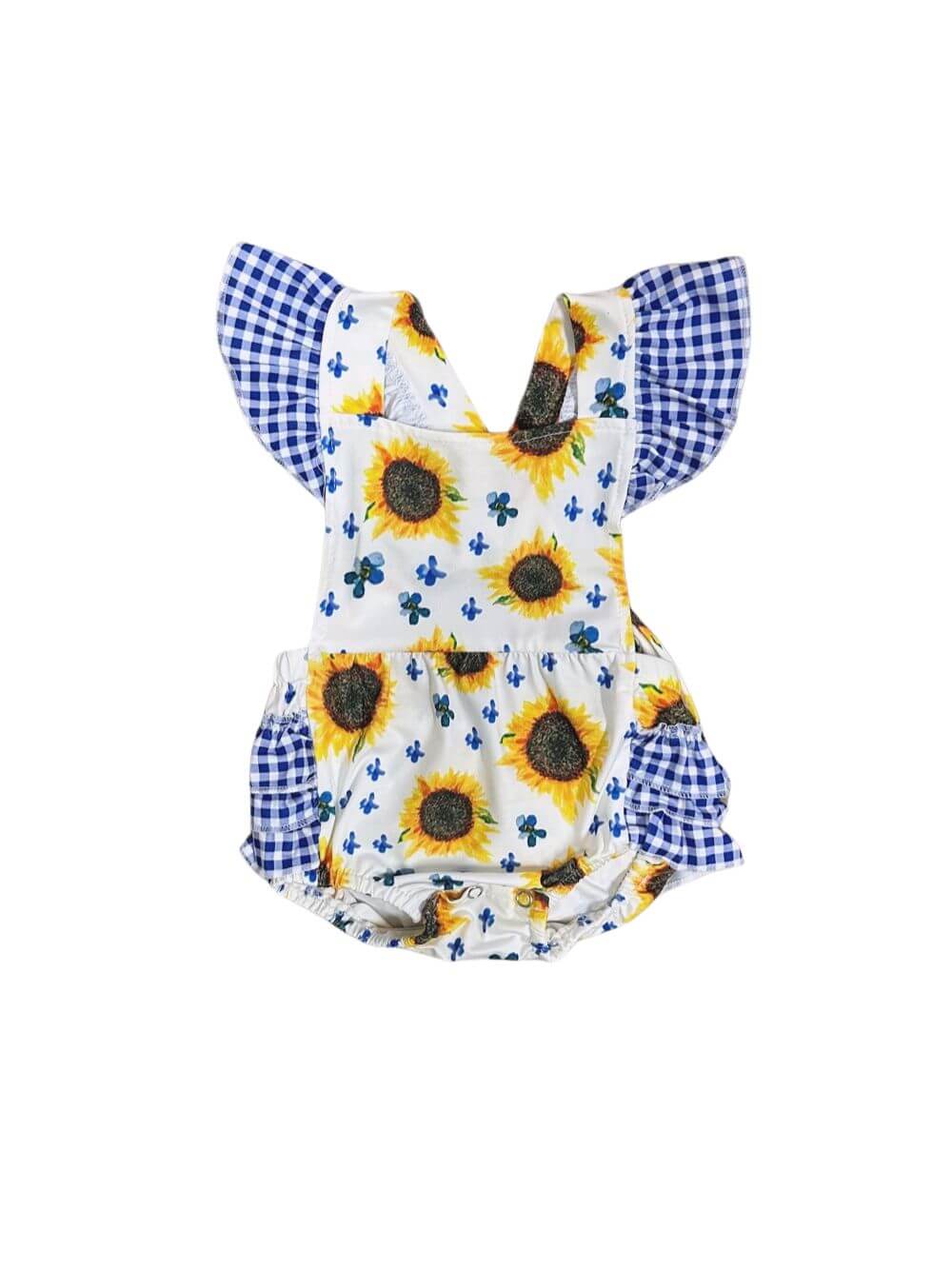 Country Sunflower Girls Blue Gingham Plaid Ruffle Baby Romper - Sydney So Sweet