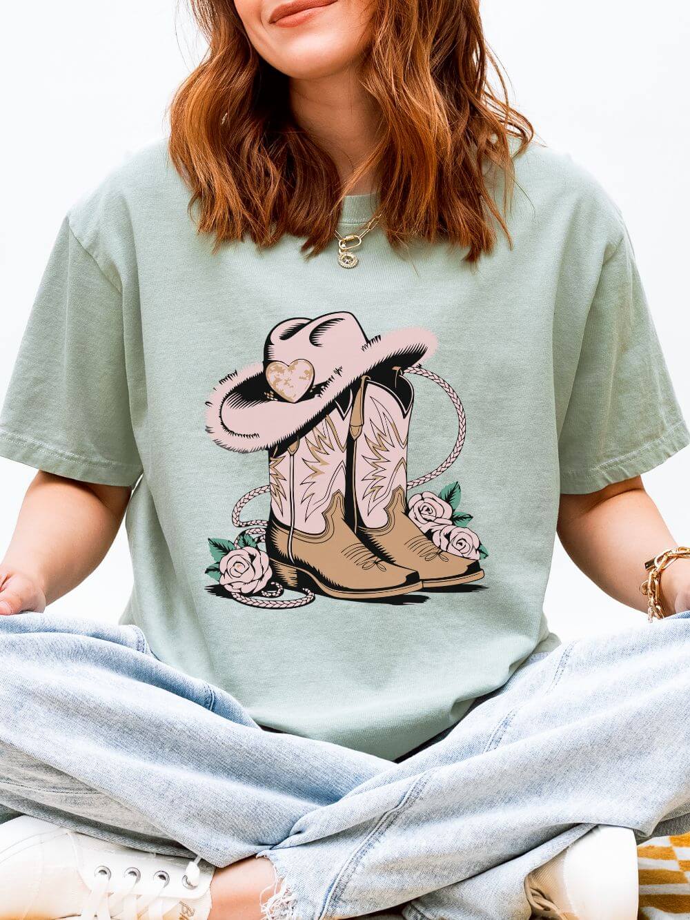 Cowgirl Valentine Boots & Hat Graphic T-Shirt Short Sleeve Tee - Sydney So Sweet