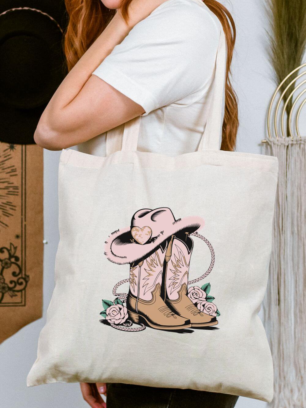Cowgirl Boots & Hat Western Floral Cotton Canvas Tote Bag