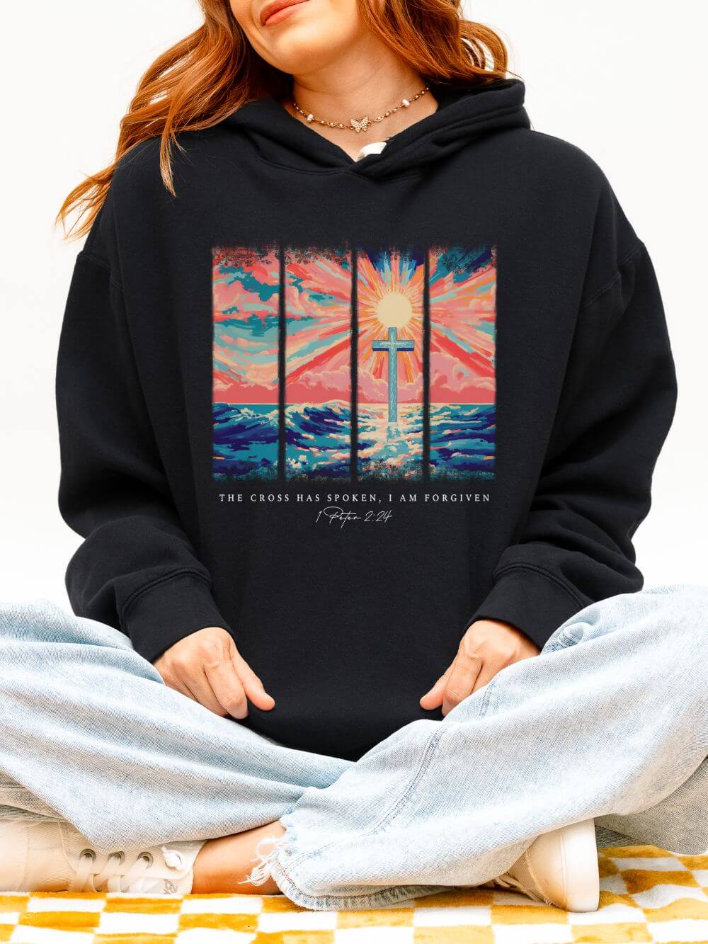 The Cross Has Spoken I am Forgiven Christian Cross Sunset Hoodie Graphic Sweatshirt