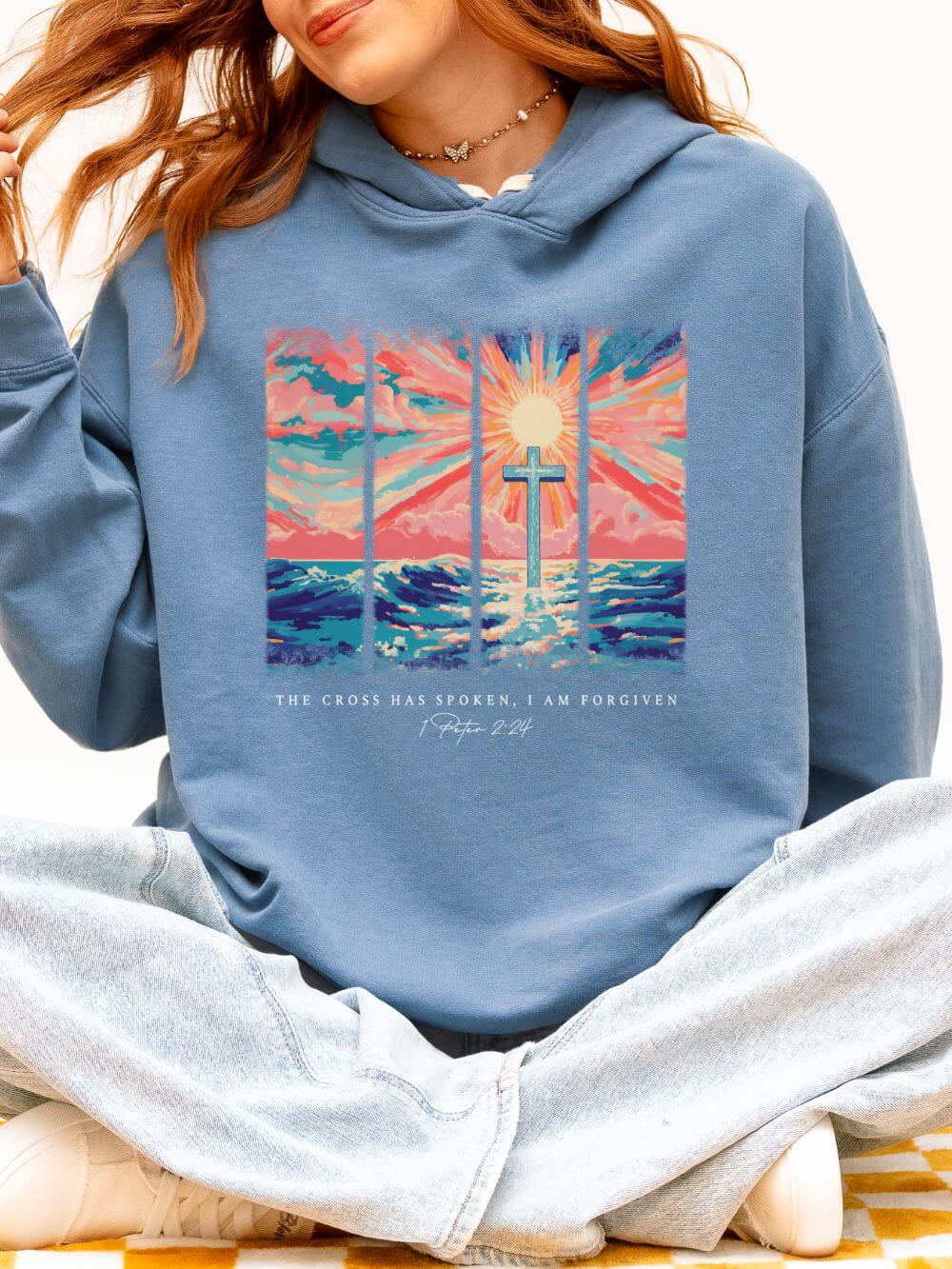 The Cross Has Spoken I am Forgiven Christian Cross Sunset Hoodie Graphic Sweatshirt