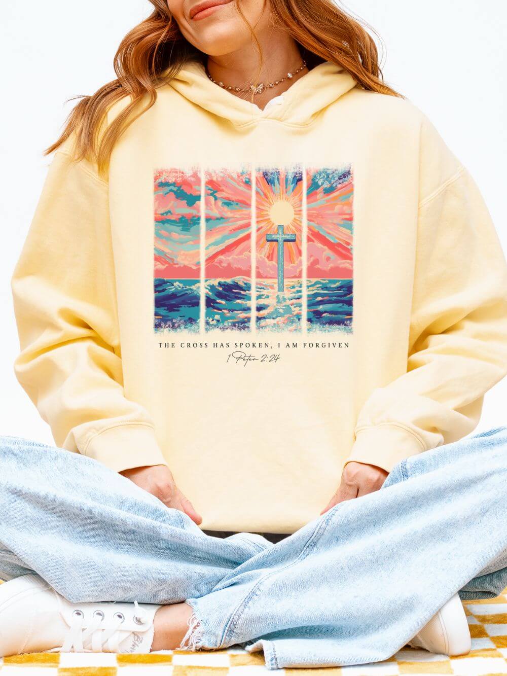 The Cross Has Spoken I am Forgiven Christian Cross Sunset Hoodie Graphic Sweatshirt