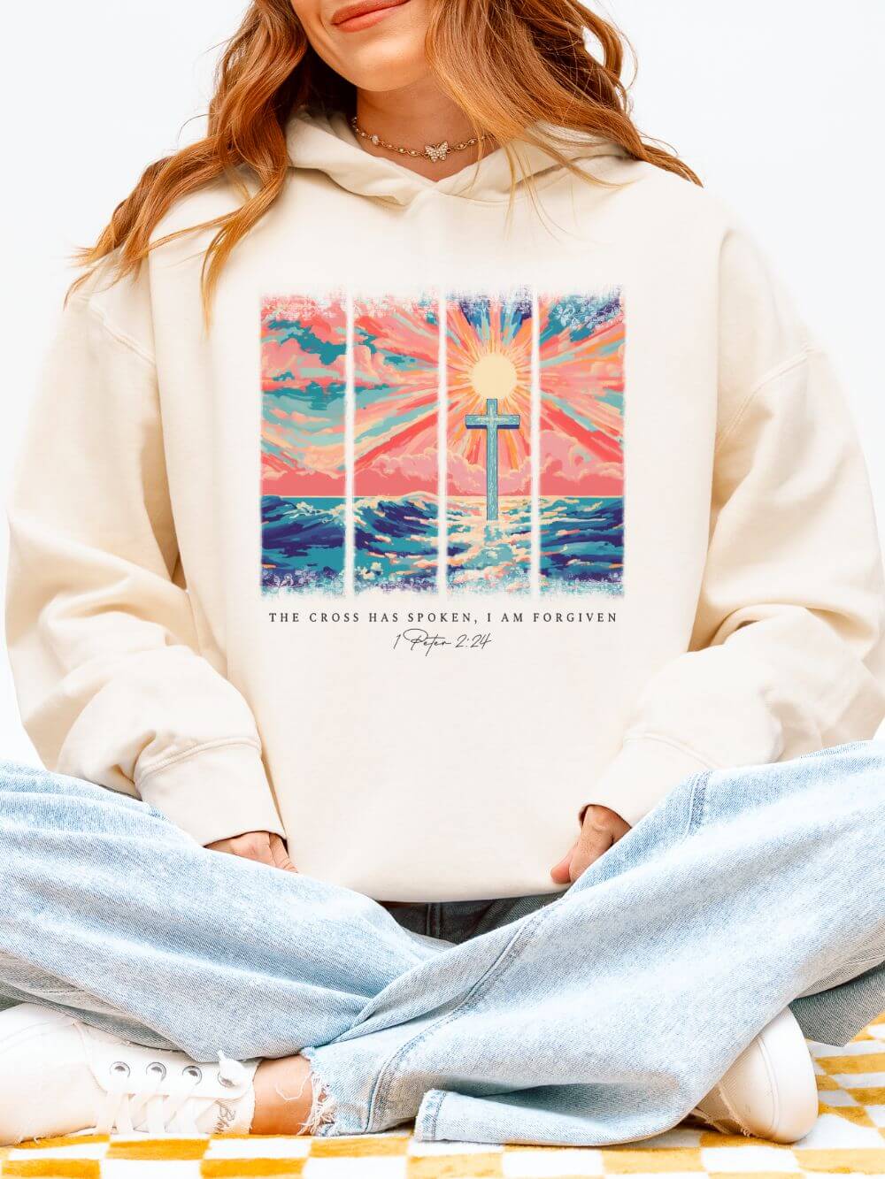 The Cross Has Spoken I am Forgiven Christian Cross Sunset Hoodie Graphic Sweatshirt
