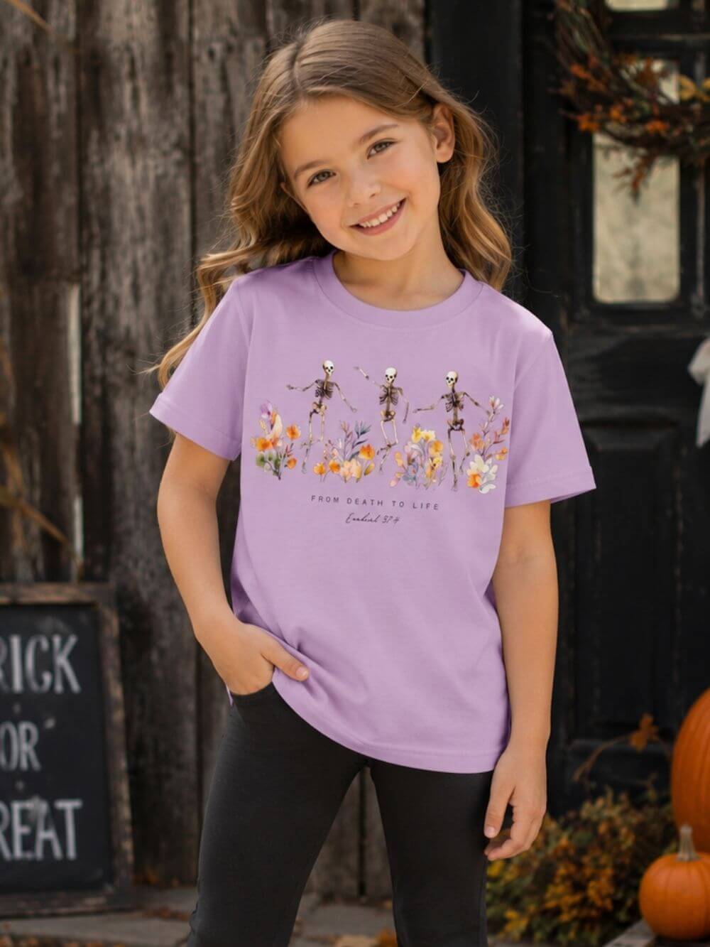 Floral Skeletons From Death to Life T-Shirt Halloween Kids Christian Graphic Tee