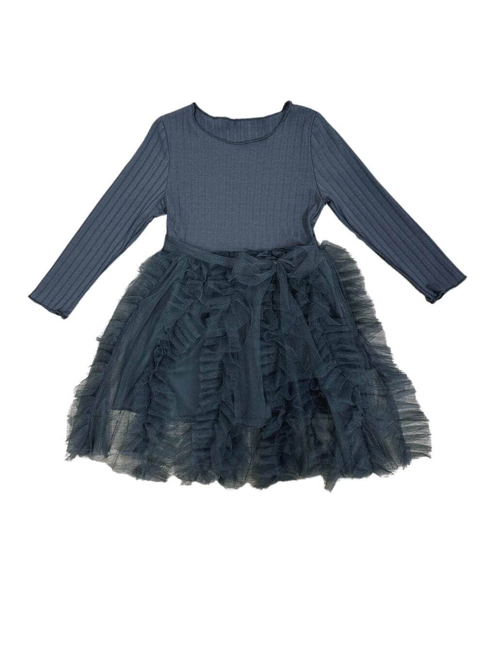 Dark Gray Ribbed Knit Frill Chiffon Girls Boutique Dress - Sydney So Sweet