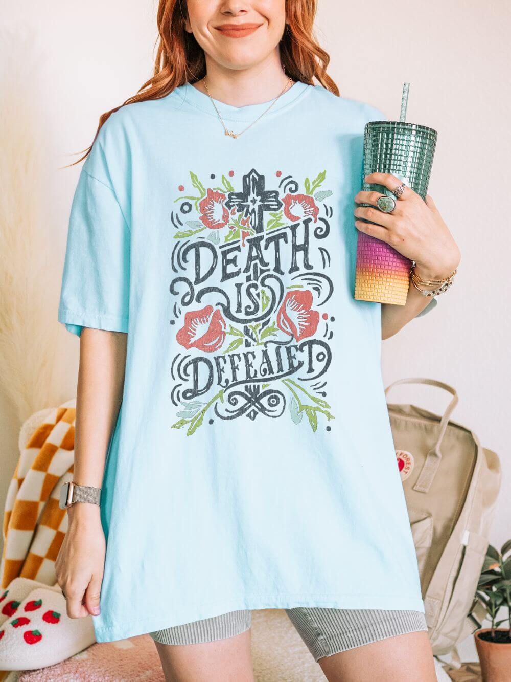 Death Is Defeated T-Shirt Vintage Floral Resurrection Christian Distressed Graphic Tee